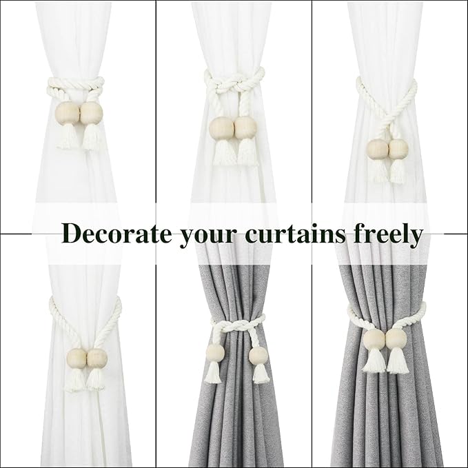 6 Pack Magnetic Curtain Tiebacks Cotton Hand Woven Tie Back Decorative Rope Holdbacks for Curtains Draperies No Tools Required, Cream