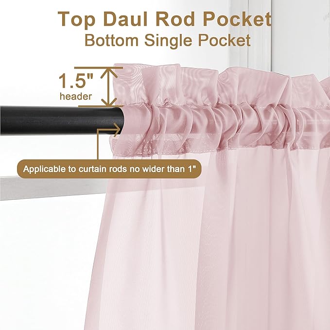 Chyhomenyc Sheer Curtains 45 Inch Long 2 Panels, Short Voile Drapes for Dinning Small Windows Bathroom Living Room Bedroom, Rod Pocket, 42Wx45L Inches, 2PCS, Blush Pink