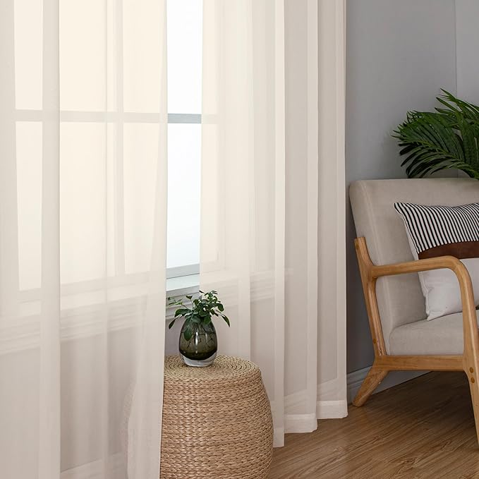 Chyhomenyc Cream Sheer Curtains 90 Inches Long - Light Filtering Solid Voile Window Panel Drapes for Bedroom, Elegant Soft Airy Living Room Sheer Curtains, Each 42Wx90L Inch, 2 Panels