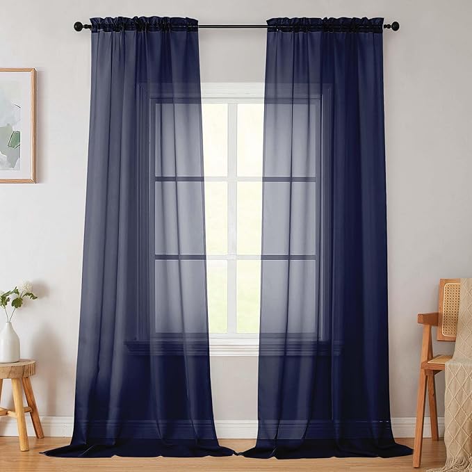 Navy Blue Sheer Curtains for Bedroom Living Room 96 Inches Long 2 Panels, Modern Airy Soft Lightweight Rod Pocket Light Filtering Sheer Curtains Drapes, Navy Blue, Each 42" Wx96 L Inch