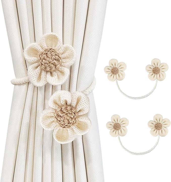 SRG Rope Curtain Tiebacks 2 Pack | Sunflower Curtain Tieback Boho | Simple Elegant DIY Curtain Holdbacks | Accessories Wall Decoration for Home Office（Cream）