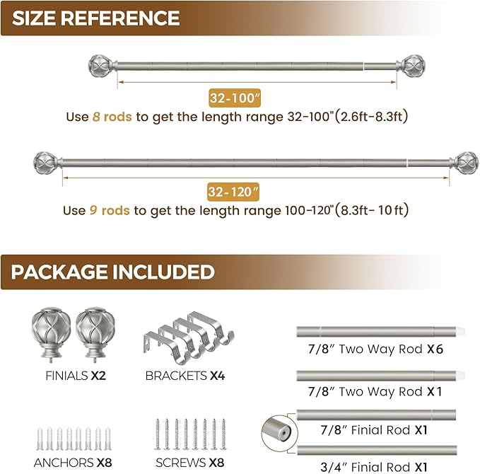 KAMANINA Curtain Rods for Windows 66 to 120 Inch, 7/8 Inch Antique Silver Heavy Duty Window Curtain Rod 32 to 120 (2.6-10ft), Adjustable Decorative Drapery Rods with Netted Texture End