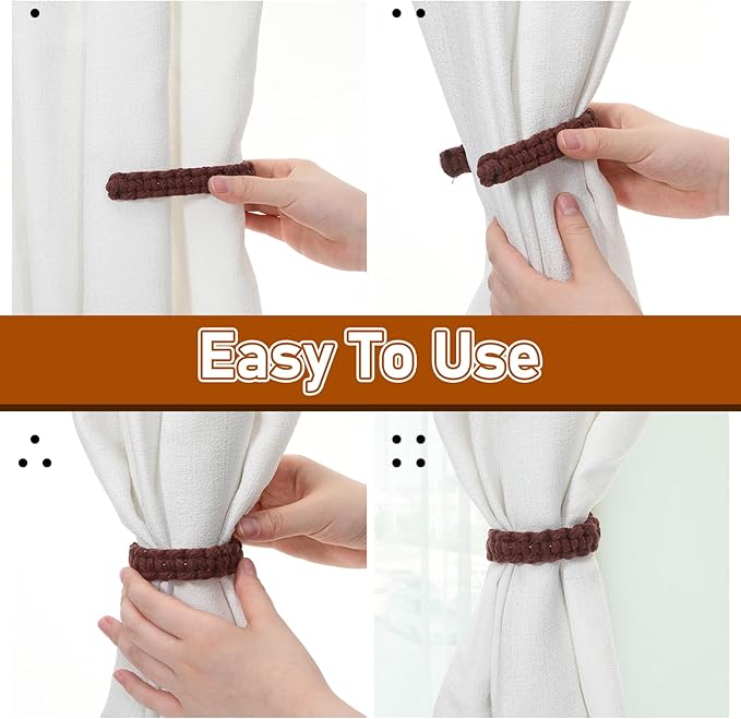 Ptwola 4 Pack Braided Curtain Tiebacks Boho Elegant Rustic Curtain Holdbacks Tie Backs Holders Set Simple Light Weight Drapes Decorative Accessories Handmade for Home Office Bedroom Window