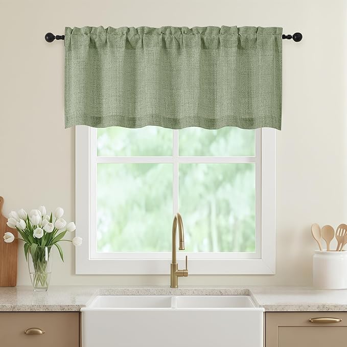Sage Green Valances for Windows, Light Filtering Faux Linen Textured Small Short Valance Curtains for Bathroom Basement Farmhouse, Rod Pocket Top Half Curtains for Windows, 60" Wx20 L