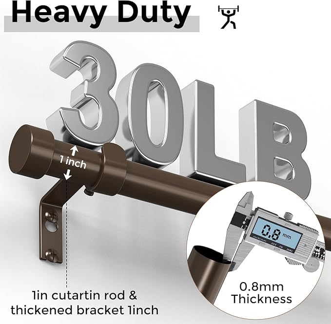 VOIIY 2 Pack Curtain Rods for Windows 28 to 48 Inch(1.5-5 Feet), Bronze 1'' Diameter Drapery Rods with End Cap Style Design,Modern Adjustable Heavy Duty Curtain Rod,Size:30''-60''