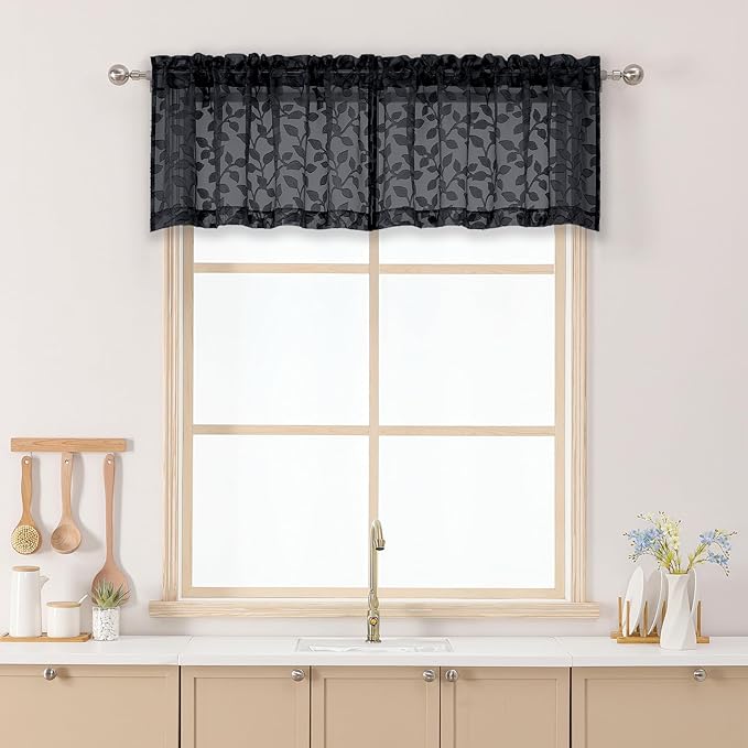 Chyhomenyc Black Sheer Valances for Windows 18 Inch Length 2 Pcs, Light Filtering Leaf Textured Cafe Short Kitchen Curtains, Top Small Curtain for Living Room Bedroom Basement, 42" W x 18" L