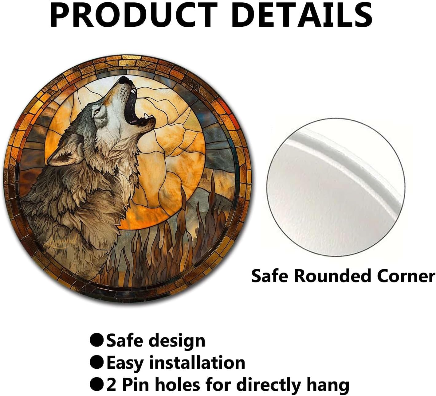 Lygond Metal Tin Sign - Circular Stained Glass Gray Wolf - 1212 Inches