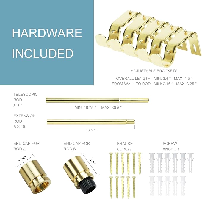 Byondeth Curtain Rods for Windows 16 to 240 Inches Adjustable Length 1 Inch Diameter Window Curtain Rod with Aluminium Finials, Gold