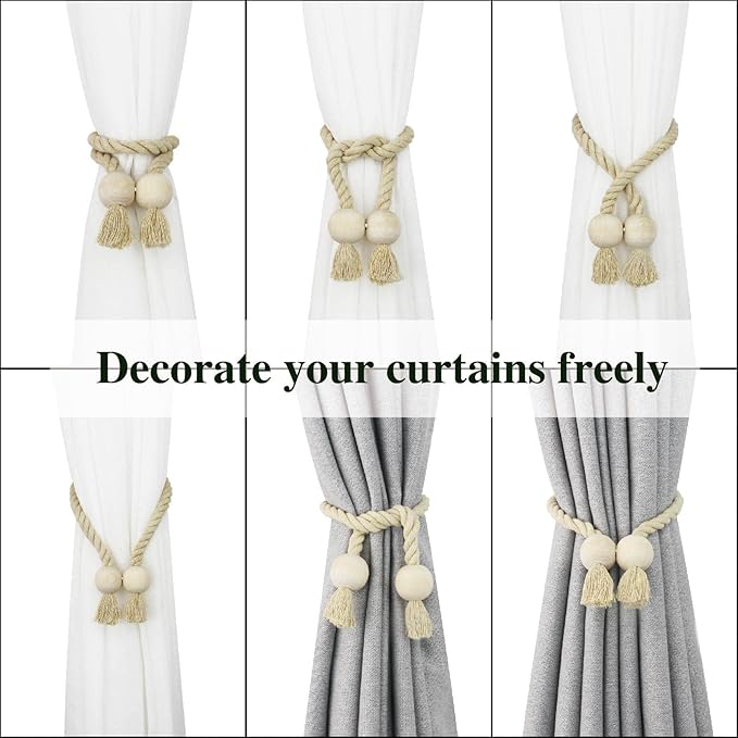 6 Pack Magnetic Curtain Tiebacks Cotton Hand Woven Tie Back Decorative Rope Holdbacks for Curtains Draperies No Tools Required, Dark Beige