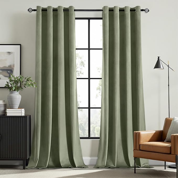 MIULEE Velvet Curtains Sage Green Elegant Grommet Curtains Thermal Insulated Soundproof Room Darkening Curtains/Drapes for Classical Living Room Bedroom Decor 52 x 63 Inch Set of 2
