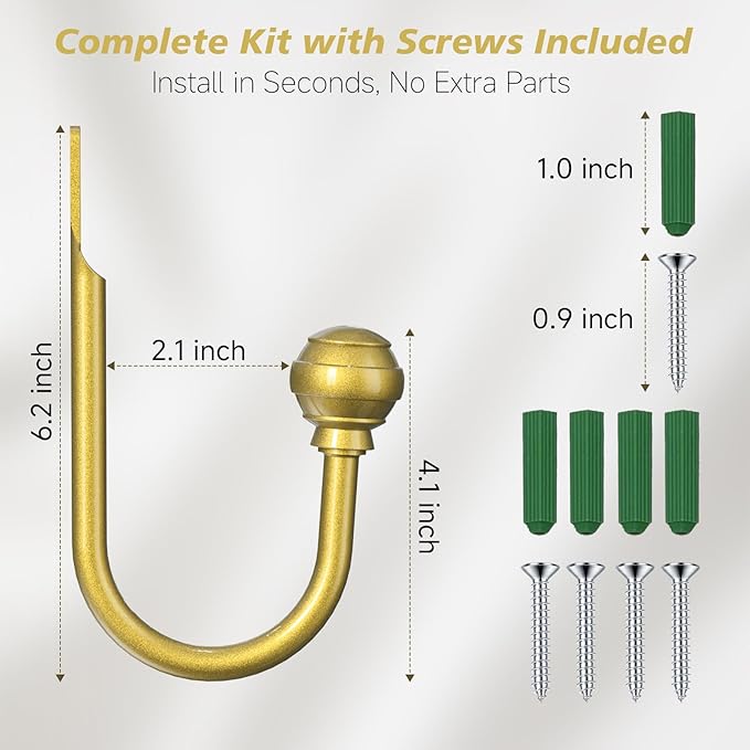 Hion Curtain Holdbacks Gold 2pcs, Curtain Tiebacks Wall Mounted Curtain Hooks Holders for Drapes