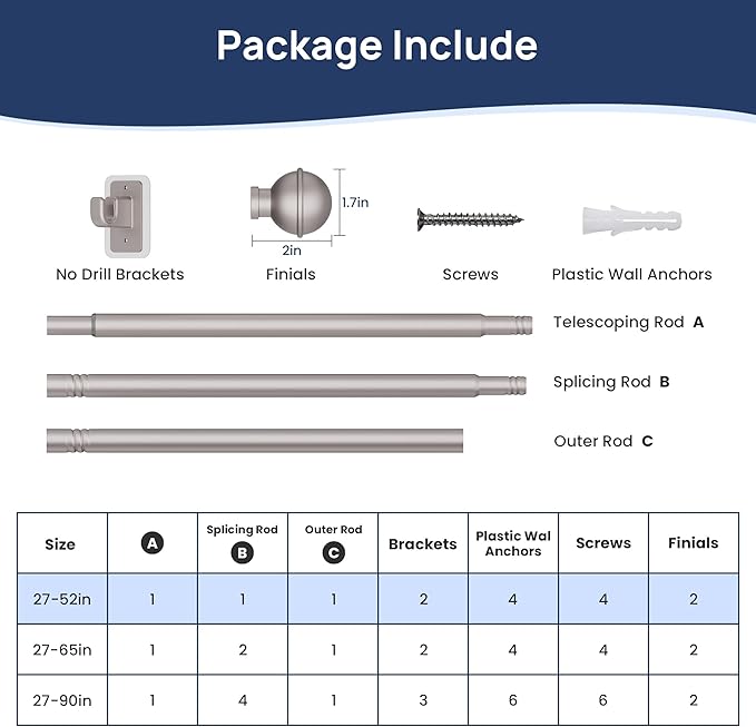 ENJOYBASICS No Drill Curtain Rods for Window 28 to 47 Inches, 5/8 Inch Diameter Renter Friendly Drapery Rod with Adhesive Brackets without Drilling, Adjustable from 27 to 52 Inches, Nickel