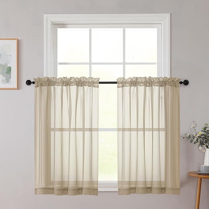 Cafe Curtains 36 Inch Length Tier 2 Pieces, Modern Soft Airy Sheer Kitchen Short Curtains for Small Window, Rod Pocket Small Curtain for Bathroom Basement, Taupe, Each, 42" Wx36 L Inches