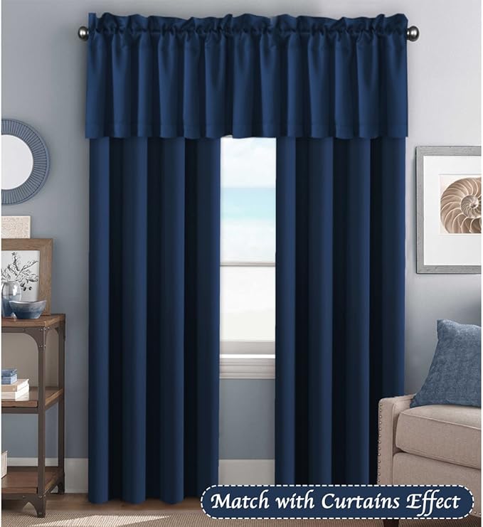 H.VERSAILTEX Blackout Valances for Windows,Navy Blue Kitchen Valance Curtains for Living Room/Bedroom/Bathroom/Basement Privacy Rod Pocket Short Window Valance Curtains, 4 Panels 52" W x 18,Navy