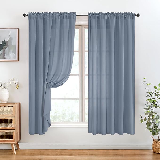 HOMEIDEAS Non-See-Through Stone Blue Privacy Sheer Curtains, 52 X 72 Inches Long 2 Panels Sheer Curtains Light Filtering Window Drapes for Bedroom Living Room