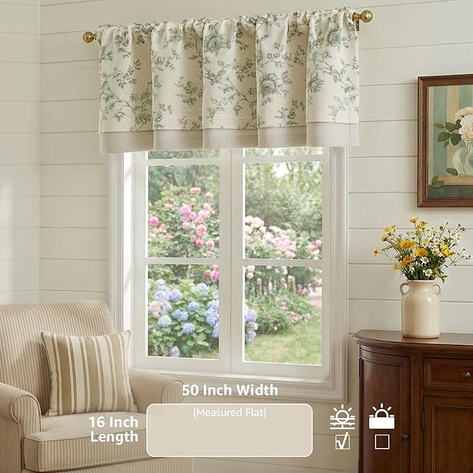 jinchan Amlie Floral Linen Valance Curtain Farmhouse Kitchen Valance for Living Room Laundry Light Filtering Double Layer Cottagecore Window Treatment Rod Pocket 1 Panel 16 Inch Sage Green on Linen