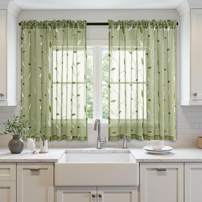 MIULEE Sage Green Sheer Curtains 2 Panels Embroidered Leaf Patterned Rod Pocket Floral Semi Sheer Faux Linen Short Window Curtains Drapes Set for Kitchen Living Room Bedroom, 52x54 Inches Length