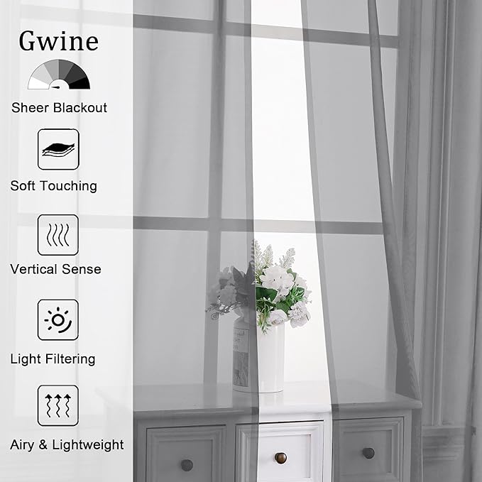 Gwine Charcoal Grey Sheer Curtains for Bedroom 54 inches Long 2 Panels, Light Filtering Voile Rod Pocket Curtains, Airy Transparent Sheer Drapes for Living Room, Each 42" Wx54 L