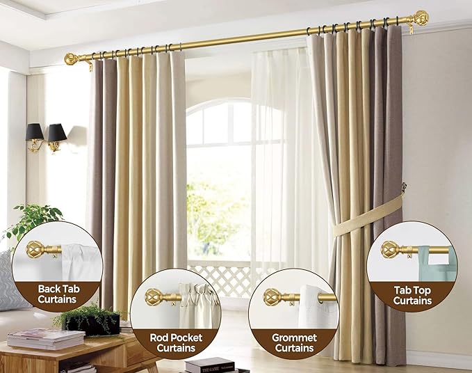 KAMANINA Gold Curtain Rod 72 to 144 Inch (6-12 Feet), Telescoping Single Drapery Rods, 7/8 Inch Heavy Duty Curtain Rods for Windows 66 to 144 Inches, Netted Texture Finials