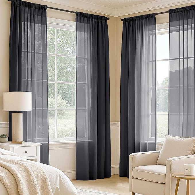 MIULEE Black Sheer Curtains 90 Inches Long, 4 Panels Set, Light Filtering Halloween Rod Pocket Voile Drapes for Living Room and Bedroom, Airy Soft Fabric Window Treatments, 42 x 90 Inches