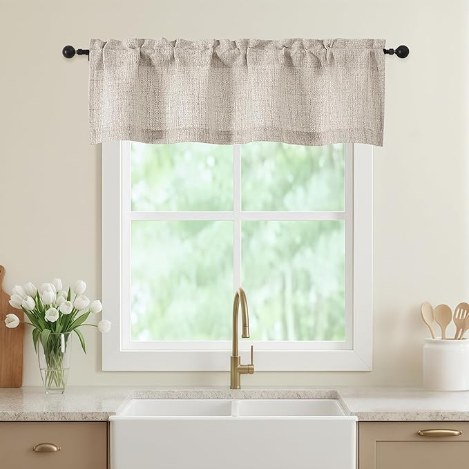 Valances for Windows, Light Filtering Faux Linen Textured Small Short Window Curtain for Bathroom Basement Farmhouse, Rod Pocket Top Half Curtains for Windows, Linen 52Wx14L Inch