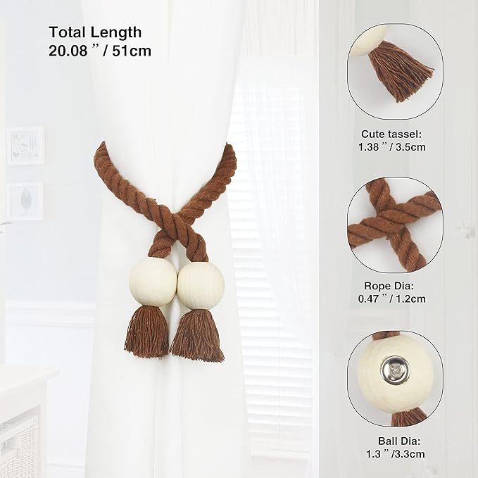 4 Pack Magnetic Curtain Tiebacks Cotton Hand Woven Tie Back Decorative Rope Holdbacks for Curtains Draperies No Tools Required, Khaki