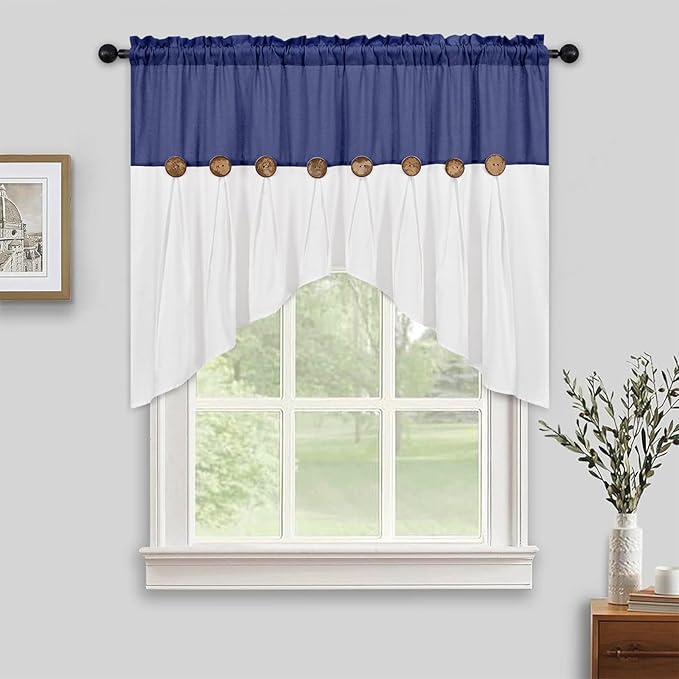 FRAMICS Farmhouse Swag Curtain, Boho Cotton Linen Valance Curtain, Navy Blue Rustic Button Window Valance for Kitchen Bathroom Bedroom, Country Rod Pocket Valances for Windows, 52 x 36 Inch