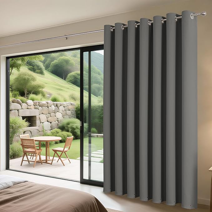 Joydeco Blackout Patio Sliding Door Curtains 84 Inches Long, Grommet Privacy Room Divider Curtains, Extra Wide Thermal Blackout Drapes for Bedroom Living Room (Light Grey, 70Wx84L, 1 Panel)