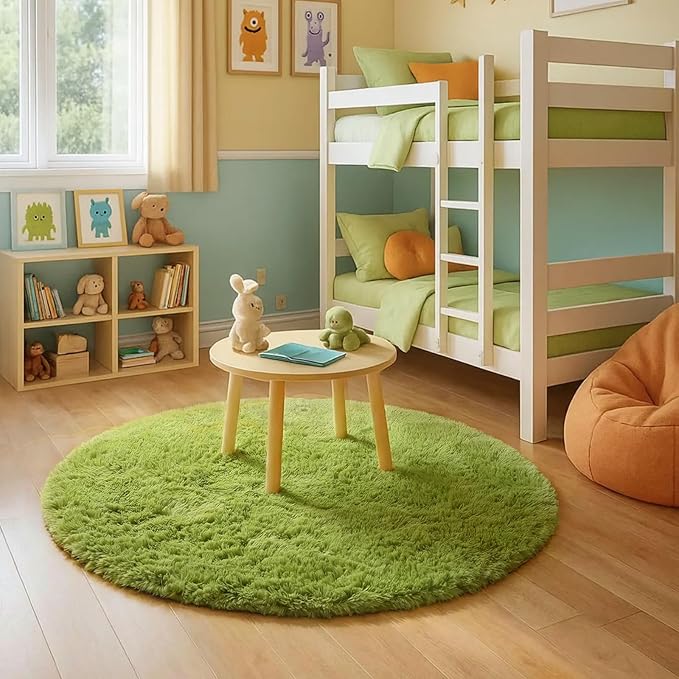 Grass Green Round Rug 4Ft for Bedroom, Fluffy Shag Circle Area Rugs for Kids Room Classroom Nursery, Cool Living Room Decor Aesthetic, Cute Fuzzy Moss Floor Carpet for Preppy Dorm Apartment, Circular