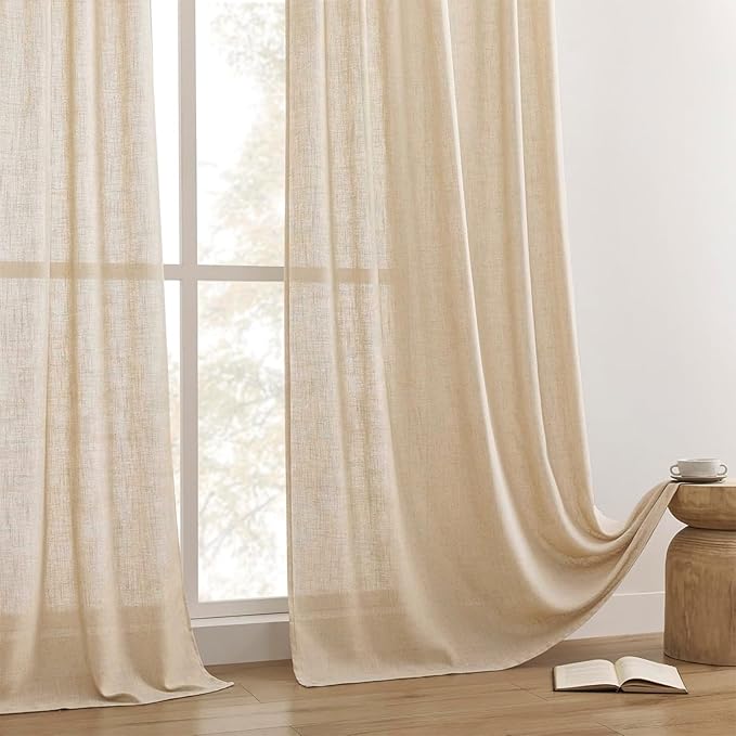 Joydeco Linen Curtains 108 Inch Length 2 Panel Sets,Light Filtering Curtains for Bedroom 52 Inch Wide Living Room Drapes with Back Tabs & Rod Pockets (W52 x L108 Inch, Ecru)