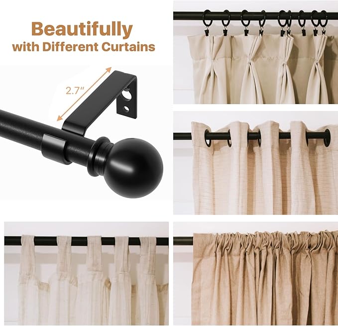 Black Curtain Rods for Windows 30 to 62 inch, Splicing Adjustable 5/8 Diameter Curtain Rod Set, Decorative Standard Drapery Rod for Living Room, Heavy Duty Metal Curtain Pole, Easy Install