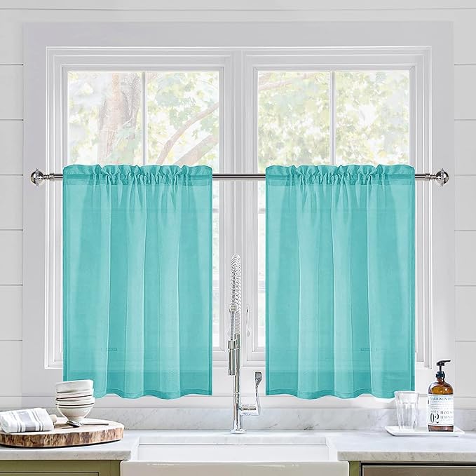 DWCN Aqua Sheer Curtains Semi Transparent Voile Rod Pocket Curtains for Bedroom and Living Room, 36 x 36 inches Long, Set of 2 Panels