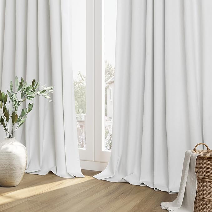 Guken White 100% Blackout Linen Curtains 52 Inch Wide by 136 Inch for Living Room Bedroom Back Tab Thermal Insulated Black Out Linen 2 Drapes Room Darkening Window Curtains