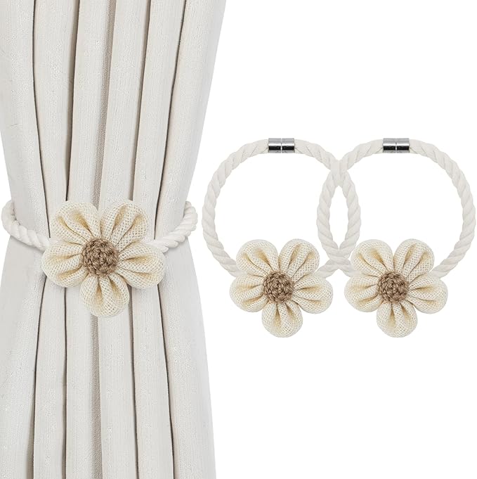 KLOGTSIND Magnetic Curtain Tiebacks, 2 Pack Flower Curtain Holdbacks for Draperies, Elegant Curtain Tie Backs for Boho Bedroom Decor, Toddler Girl Room Decor, Baby Nursery Decor