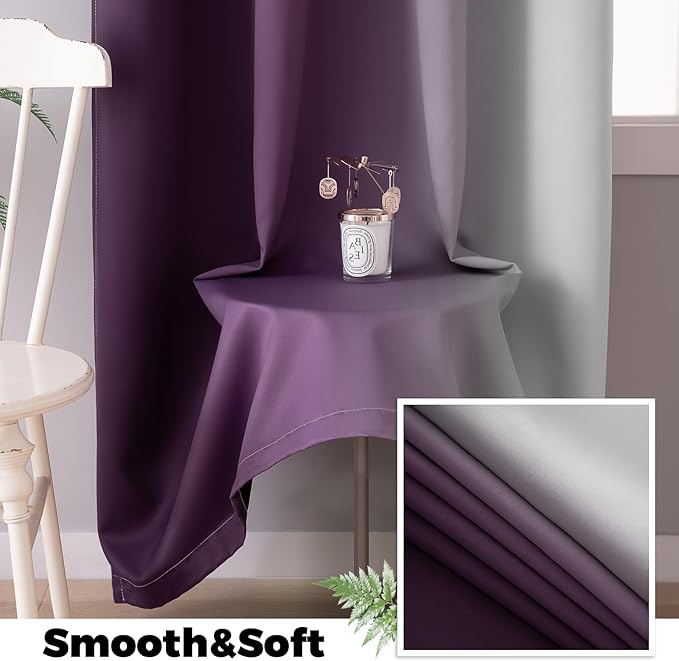 Yakamok 100% Blackout Curtains 63 Inch Length 2 Layers,Purple Curtains for Bedroom Ombre Room Darkening Grommet Gradient Drapes, Light Blocking Thermal Insulated Window Curtains for Living Room