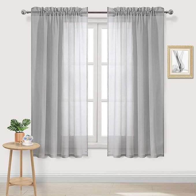 DWCN Grey Sheer Curtains Semi Transparent Voile Rod Pocket Curtains for Bedroom and Living Room, 52 x 63 inches Long, Set of 2 Panels