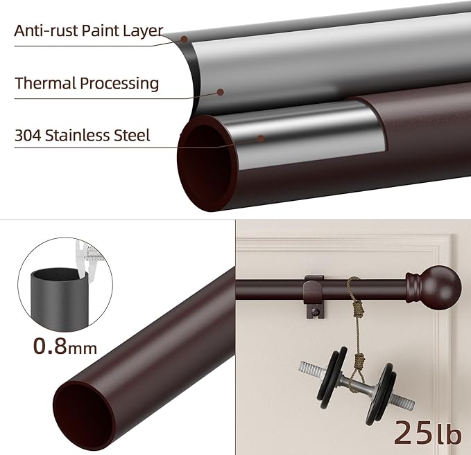 SMODBRODRE Curtain Rods for Window 48 to 84-93, Brown 5/8 inch Splicing Single Window Curtain Rod Set with Brackets