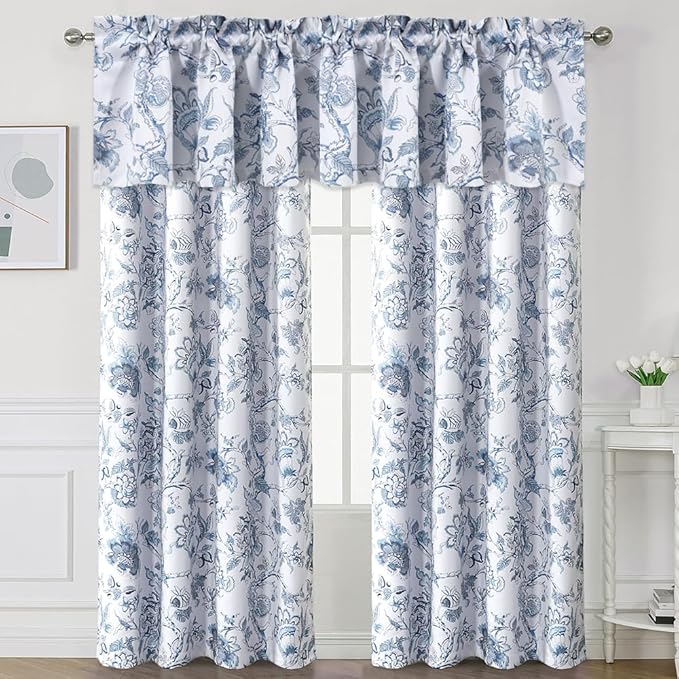H.VERSAILTEX Blackout Curtain Valances for Kitchen Window/Living Room/Bathroom Privacy Added Rod Pocket Home Decoration Winow Valance, 52" W x 18" L, Floral in Storm Blue
