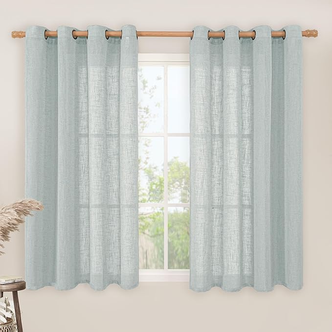 LAMIT Semi Sheer Linen Curtains 54 Inch Length 2 Panels, Greyish Blue Light Filtering Panels Bronze Grommet Neutral Drapes for Bedroom/Window/Dining Room, 52 x 54 Inch