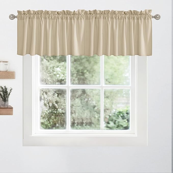 RYB HOME Short Kitchen Valances Faux Linen Blended 2 Panels Privacy Protect Shabby Chic Swag Curtain for Kitchen Living Room Cabinet, Rod Pocket, Camel, W 52 x L 18 inch