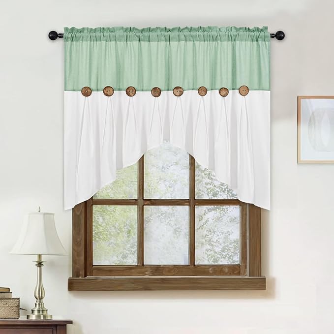 FRAMICS Farmhouse Swag Curtain, Boho Cotton Linen Valance Curtain, Sage Green Rustic Button Window Valance for Kitchen Bathroom Bedroom, Country Rod Pocket Valances for Windows, 52 x 36 Inch