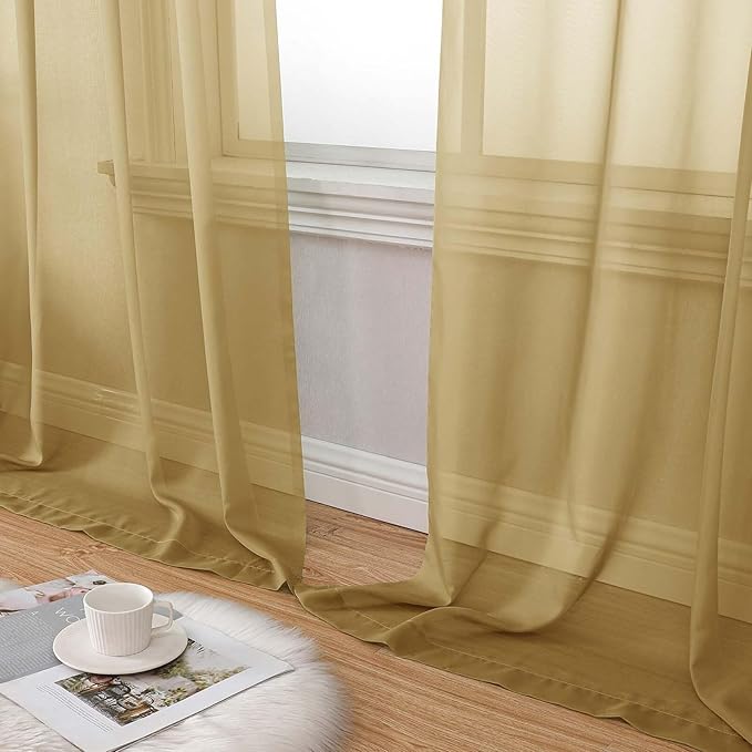 Extra Long Gold Sheer Curtains for Bedroom Living Room 108 Inches Long 2 Panels Set, Solid Soft Light Filtering Rod Pocket Sheer Window Curtains, Gold, Each 59" Wx108 L Inch