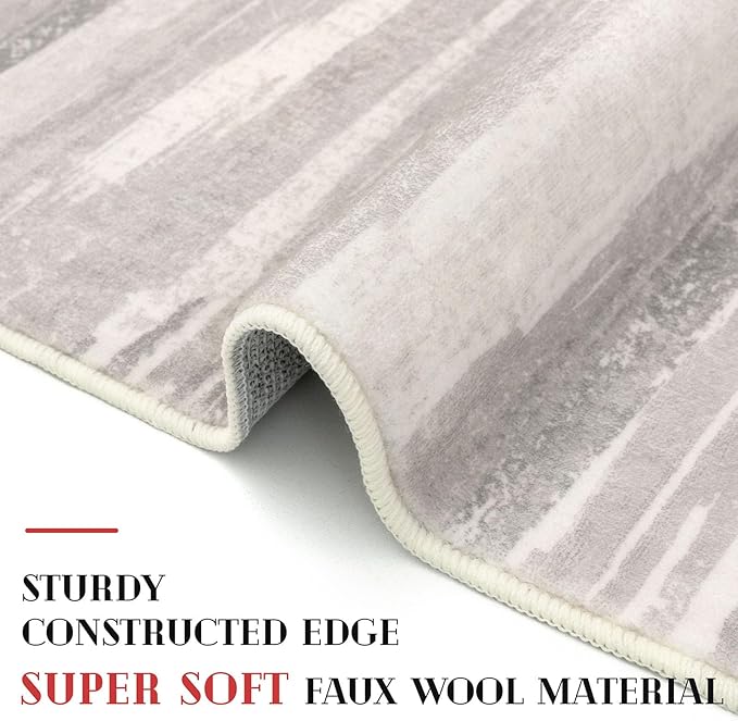 Lansny Modern Abstract Runner Rug 2x5, Neutral Light Beige and Grey Washable Entryway Kitchen Non-Slip Soft Hallway Runner Thin Print Faux Wool Carpet for Bedroom Laundry Room Indoor