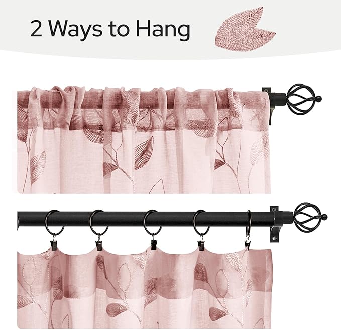 HOMEIDEAS Blush Pink Sheer Kitchen Curtains 30 X 24 Inch Length 2 Panels Embroidered Leaf Pattern Short Bathroom Window Curtains for Small Window Valance Tiers