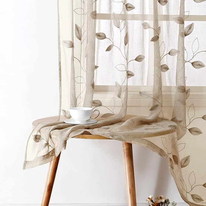 HOMEIDEAS Taupe Sheer Curtains 52 X 96 Inches Long 2 Panels Beige Embroidered Leaf Pattern Pocket Faux Linen Floral Semi Sheer Voile Window Curtains/Drapes for Bedroom Living Room