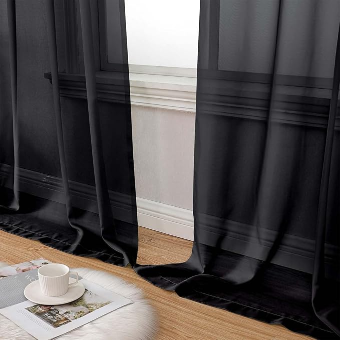Black Sheer Curtains for Bedroom Living Room 96 Inches Long 2 Panels, Modern Airy Soft Lightweight Rod Pocket Light Filtering Sheer Curtains Drapes, Black, Each 42" Wx96 L Inch