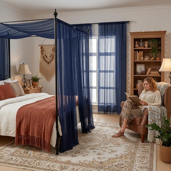 WAZZIO Boho Lace Curtains 84 Inches 2 Panel,Light Filtering Privacy Tassel & Geometry Crochet Semi Sheer Curtain Drapes for Bedroom Living Dining Room,Rod Pocket & Tassel,Navy Blue