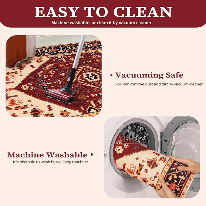 SERISSA Washable Rugs 8x10 Area Rugs, Large Non-Slip Boho Living Room Rug, Ultra Soft Oriental Vintage Red Black Print Distressed Carpet for Dining Room Bedroom Dorm Office Home Decor