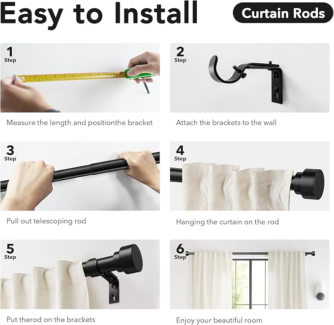 IFELS 2 Pack Heavy Duty Curtain Rods for Windows 28 to 48 Inch, 1 Inch Black Adjustable Curtain Rod Set with Easy Installation and Modern Design (A1,Black,30-60",2Pack)