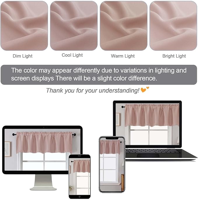 Chyhomenyc Blush Pink Valances for Window, Room Darkening Short Curtains for Kitchen Bedroom Living Room, Rod Pocket Top Small Window Treatment Valance RV Bunk Panels, 40Wx14L, 2 Pieces